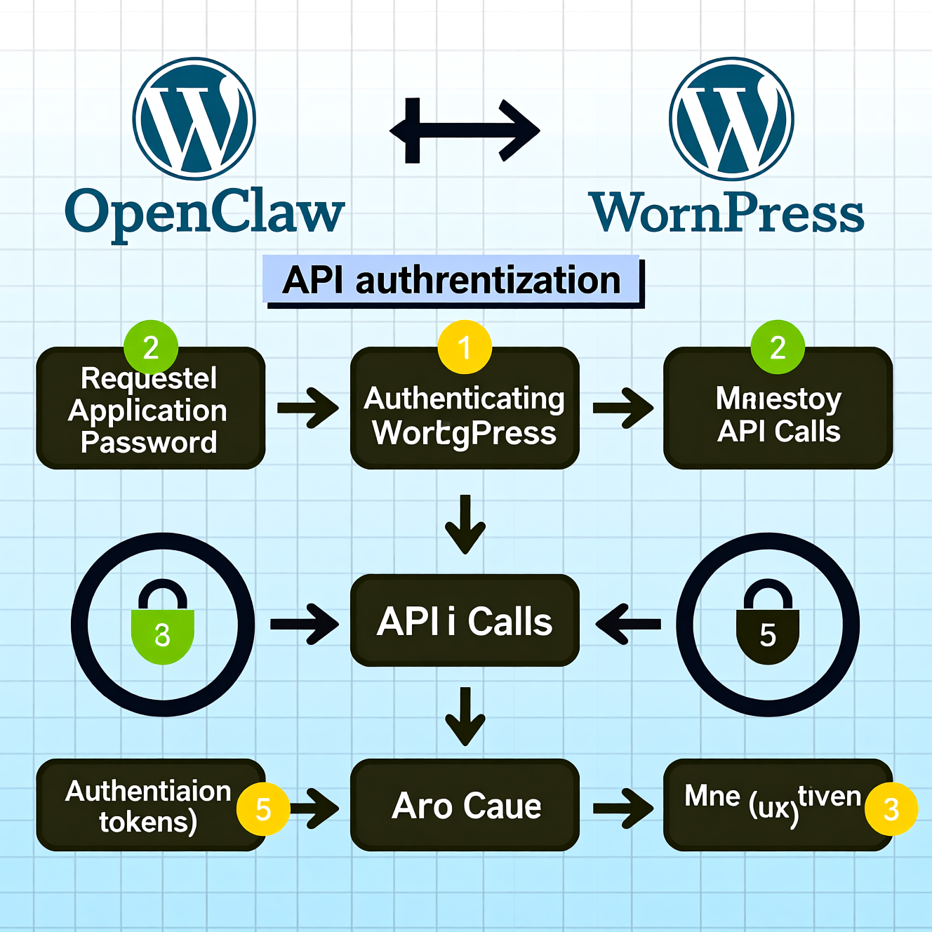 Technical flowchart showing API authentication process between OpenClaw and WordPress, including OpenClaw requesting application password, authenticating with WordPress, and making API calls, with authentication tokens, secure connection indicators, and step-by-step authentication flow with numbered sequence arrows