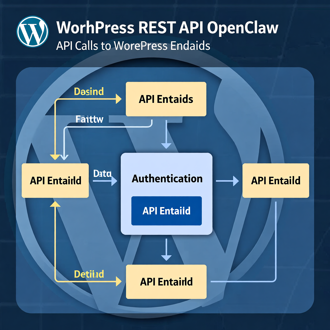 WordPress REST API Architecture diagram showing OpenClaw making API calls to WordPress endpoints with HTTP request arrows, API endpoint boxes, authentication layer, and data flow paths