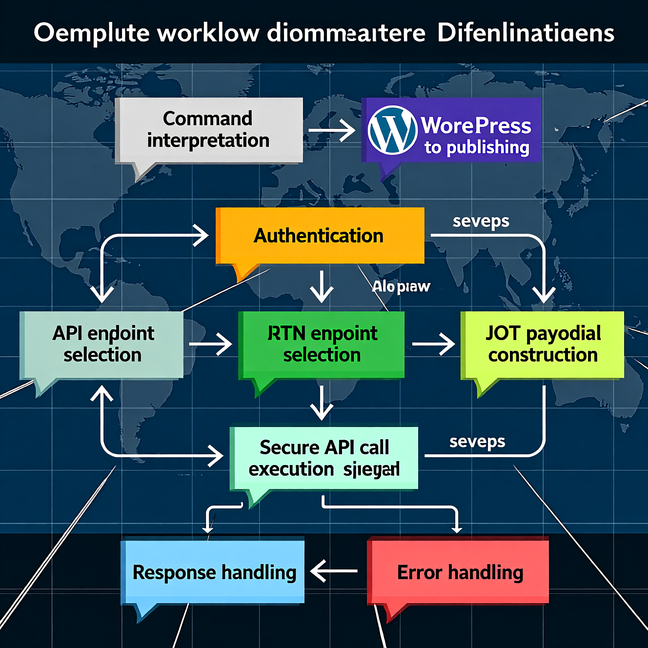 Complete workflow diagram showing the process from OpenClaw receiving a command to WordPress publishing a post, including all seven steps: Command interpretation, Authentication, API endpoint selection, JSON payload construction, Secure API call execution, Response handling, and Error handling, with data flow arrows and process connections
