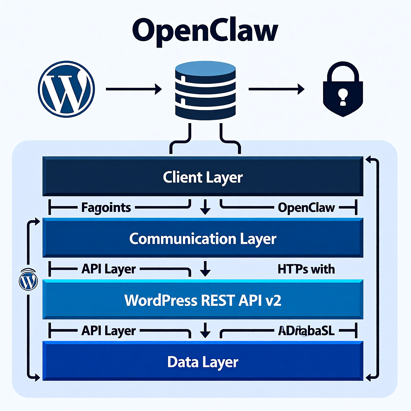 Technical architecture diagram showing OpenClaw connecting to WordPress with API endpoints, database, and security layers, displaying four distinct layers: Client Layer (OpenClaw AI agent), Communication Layer (HTTPS with JWT), API Layer (WordPress REST API v2), and Data Layer (MySQL database) with data flow arrows and security indicators